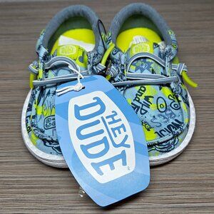 NEW!!! Hey Dude Wally Funk T Kids C6 Blue Graffiti Lightweight Slip On Shoes